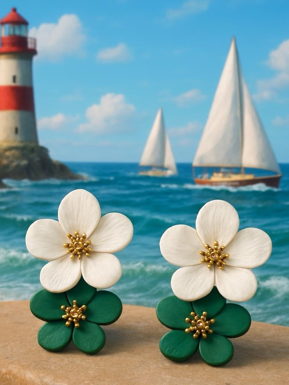 Elegant Floral Earrings in White and Green